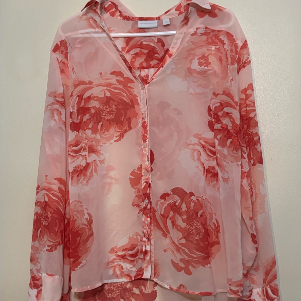 Sheer New York & Company Pink Floral Blouse-XL